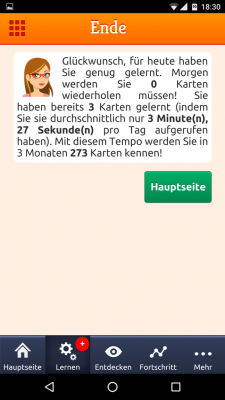 Am Ende einer Lern-Etappe zeigt dir die App an, wie viele Wörter du in drei Monaten mit der MosaLingua Methode erlernen kannst.