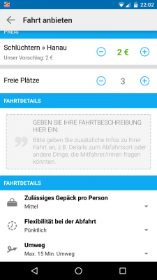Die App schlägt dir einen Preis vor und du gibst noch eine detaillierte Beschreibung deiner Fahrt an. Danach klickst du auf den Veröffentlichen-Button.