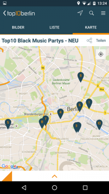 Die Locations können mit Bild, als Liste oder auf der Karte dargestellt werden. 