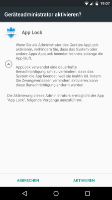 Mit dem aktivierten Geräte-Administrator verhinderst du den Zugriff auf App-Lock über die Einstellungen.