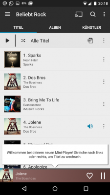 Per Klick auf einen ausgewählten Titel wird dieser abgespielt. Mit einer Wisch-Geste spielst du den nächsten Song aus der Play-Liste ab.