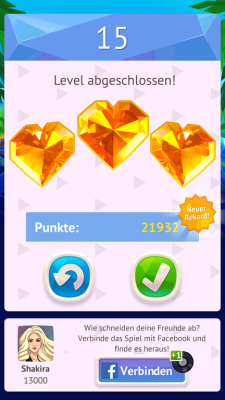 Nach Abschluss jedes Levels siehst du, wie gut die Sängerin bei diesem gespielt hat (unten links).