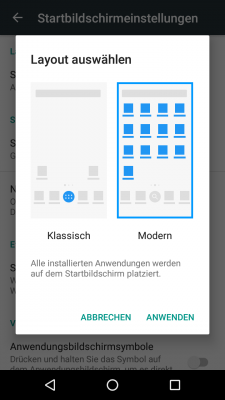 Für User interessant, die vielleicht gerade vom iOS zu Android gewechselt sind: In den Einstellungen des Startbildschirms lässt sich mit dem "Modernen" Layout einrichten, dass auf dem Homescreen alle Apps dargestellt werden, ganz wie beim iPhone.