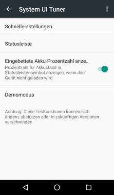 Der (noch) versteckte System UI Tuner ist auch in de Concept FIrmware verfügbar, inklusive Demomodus, bei dem die Uhrzeit für Screenshots auf 06:00 und die Akkuladung auf 100% gefälscht wird.