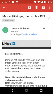 Hier ist auf den ersten Blick nicht zu erkennen, ob es sich um eine Phishing-Mail handelt. Ein Antippen von Details ansehen verrät, wer sich hinter dem Namen Linkedin Sicherheit verbirgt.