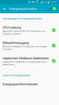 Auch alle Samsung-Geräte verfügen ab Android 5.0 über einen eingebauten Stromspar-Modus. Das extreme Stromsparen gibt es nur bei den Top-Geräten.