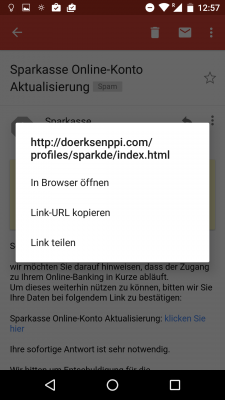 Der in der Mail verlinkte Text führt nicht zur Webseite der Sparkasse. Ein klarer Fall von Phishing.