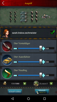 Du wählst aus, wie viele Soldaten den Angriff starten sollen.