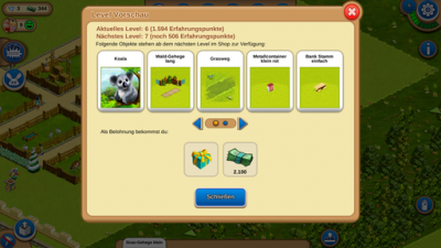 Der Button oben rechts zeigt dir dein aktuelles Level sowie das kommende Level mit der Belohnung an.