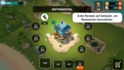 Du ziehst die gesammelten Kokosnüsse in dein Waffenarsenal um Waffen herzustellen.