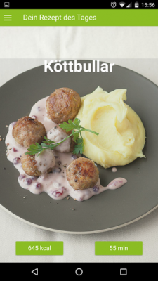 Dein Rezept des Tages wird mit Zubereitungszeit und kcal angezeigt.