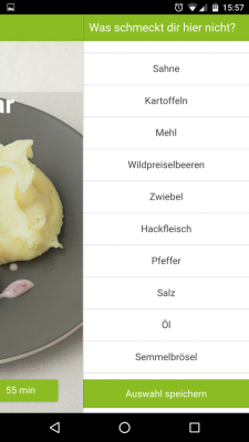 Mit einem Fingerwisch nach links findest du die Zutaten und gibst an, was davon du nicht magst.