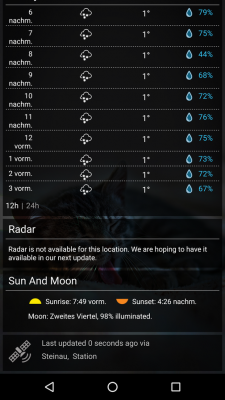 Sonnenauf- und Sonnenuntergang sowie die aktuelle Wetterstation werden angezeigt.