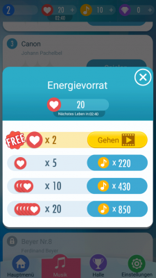 Am Anfang hast du einen hohen Energie-Vorrat. Dieser kann nach Ablauf der Energie mit erspielten Münzen oder Diamanten erneuert werden. Oder du wartest bis die Zeit abgelaufen ist und die App die Energie wieder auflädt.