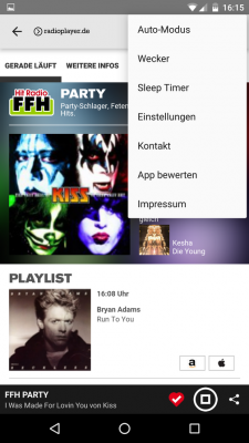 Über die drei Punkte gelangst du zum Wecker, Sleep-Timer und den Einstellungen.