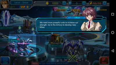 Auf der Startseite findest du die Waffenkammer und beginnst deine Kämpfe in den Gundam Chronicles.