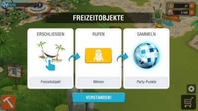 Bauen, Minions rufen und Party-Punkte sammeln. Einfaches Spieleprinzip.