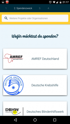 Weiterhin gibst du eine Organisation an für die du spenden möchtest.