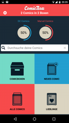 Auf der Startseite wird in Prozent angezeigt, wie viele deiner Comics von Marvel oder DC sind.
