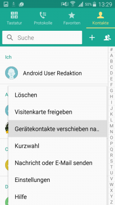 Über das Kontextmenü erreichst du den Eintrag, um die lokalen Kontakte zu verschieben.
