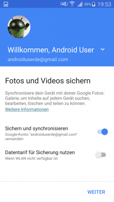 Im ersten Dialog entscheidest du dich, ob du die Backup-Funktion von Google Fotos benutzen möchtest, und ob die Sicherung auch über das Mobilfunknetz erfolgen darf (letzteres ist nicht empfohlen aufgrund der großen Datenmenge!).