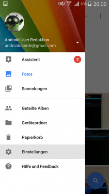 Im Seitenmenü der Google Fotos App findest du die Einstellungen.