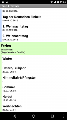 Die Feiertage sind mit blauer Farbe, die Ferien mit grüner Farbe gekennzeichnet.