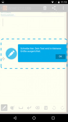 Mit deinem Finger beginnst du in das blauumrandete Feld zu schreiben.