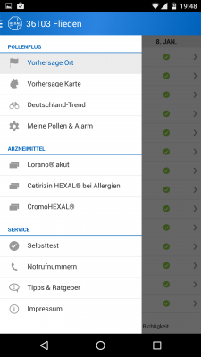  Im Menü findest du Notrufnummern, Medikamente, einen Selbsttest und eine Pollenvorhersage für ganz Deutschland.