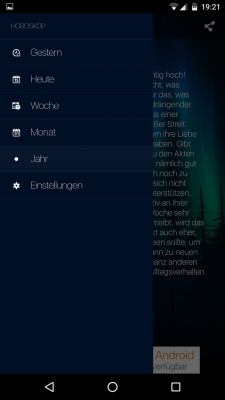 Über das Menü gelangst du zu den Einstellungen sowie den weiteren Horoskopen.