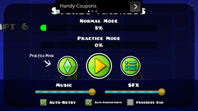 Du spielst den Normalen oder den Practice Mode. Im Practice Mode wirfst du Diamanten ab um nicht immer wieder von vorne beginnen zu müssen.