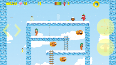 In der Winterwelt hat man einen Bogen zur Verfügung und kämpft gegen Bratwürste und Cheeseburger.