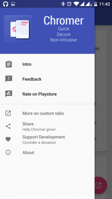 Chromer kommt in Material Design mit Seitenmenü daher. Hier findest du auch alle Infos zur App und zum Entwickler.