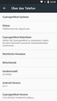 Und so sieht der Bildschirm "Über das Telefon" unter CM13 aus.
