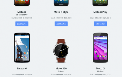 Die Aktionen auf einen Blick. Das Moto G 2014 hatte keinen Platz auf dem Bild, es kostet aktuell 120 Euro.