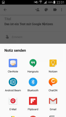Im Menü mit den drei Punkten oben rechts findest du den "Senden" Eintrag, um den Text an eine andere App weiterzuleiten.
