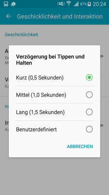 Die Verzögerung auf "lang" zu stellen hilft dabei, Bedienelemente richtig anzutippen.