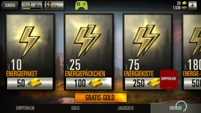 Mit erspielten Goldbarren kaufst du dir neue Energie für die Jagd.
