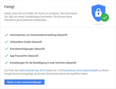 Nach dem Check gibt es einen kleinen Hinweis auf die 2 GByte gratis Speicher.