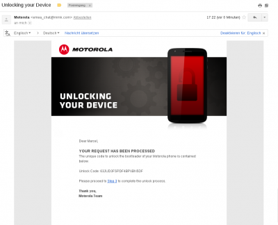Den Schlüssel für das Entsperren schickt dir Motorola per E-Mail.