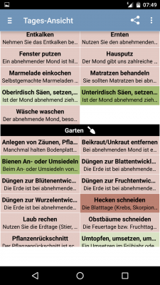 Grün markierte Tätigkeiten sind günstig in der Erledigung, mit den rot markierten solltest du auf einen anderen Mondtag warten.