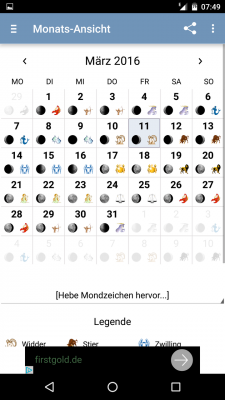 In der Monatsansicht hebst du dir bei Bedarf die Sternzeichen hervor.