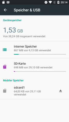 Das Ziel: Die 64 GByte große microSD-Karte soll zu 32 GByte als mobiler Speicher, zu 32 GByte als interner formatiert werden.
