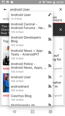 Über die Suche findest du Android User im Handumdrehen. Beachte das News-Republic-Icon hinter dem Eintrag. Das ist der richtige Feed!