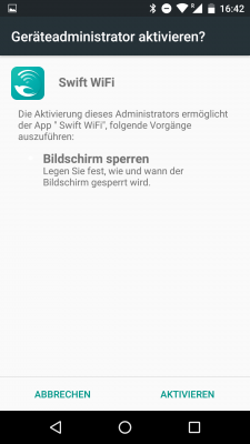 Erlaube der App unter keinen Umständen, sich als Geräteadmin einzutragen. Denn wozu braucht eine Wifi-Sharing-App eine Bildschirmsperre, jetzt mal ehrlich...?