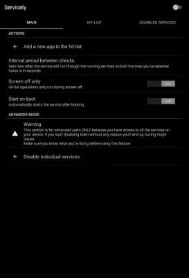 Dark-Themed und sehr übersichtlich, Screen off only und Start on boot machen auch Sinn.