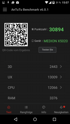 Mit 30.000 Zählern beim AnTuTu-Benchmark verreißt das X5020 keine allzu großen Stricke.