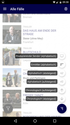 Die Fälle können von dir chronologisch, alphabetisch sowie nach Sender und Kommissaren geordnet werden.