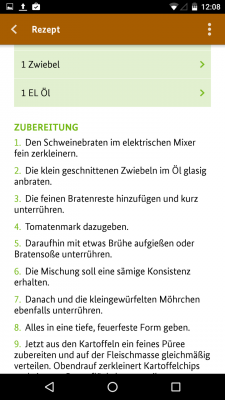 Die Zubereitungsschritte sind untereinander aufgelistet.