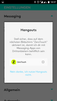 Falls du Meldungen von Google Hangouts vorgelesen haben möchtest, musst du der Logi-App den Zugriff auf die Benachrichtigungen erlauben.